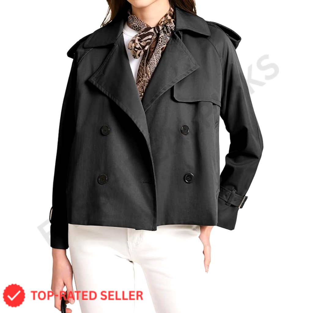 Cropped Trench Coat Double Breasted Casual Office Wear Lightweight Polyester